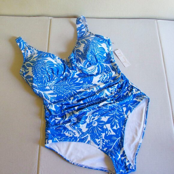 18W Plus Size Anne Cole V-Wire One-Piece Swimsuit Blue White Floral $122 - Picture 2 of 9